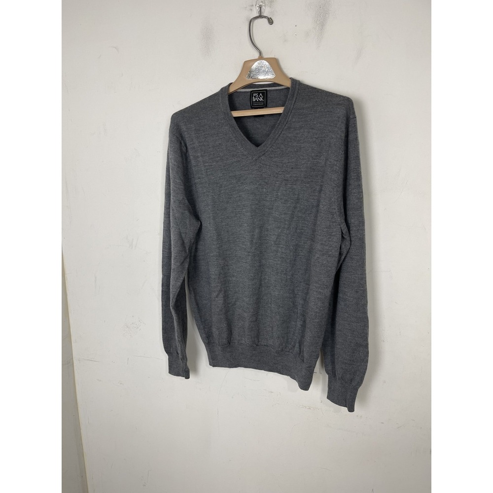Men's Jos A Bank Traveler V Neck Sweater 100% Merino Wool‎ Gray XL